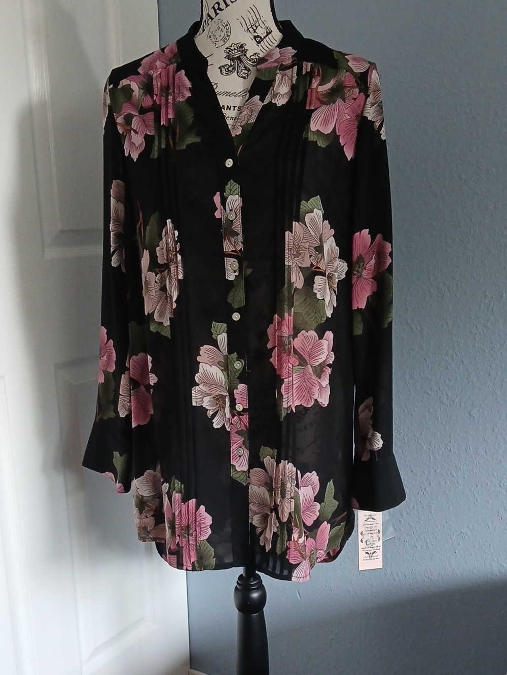 NWT Nanette Lepore Black Blouse with Pink Floral Print - Size M